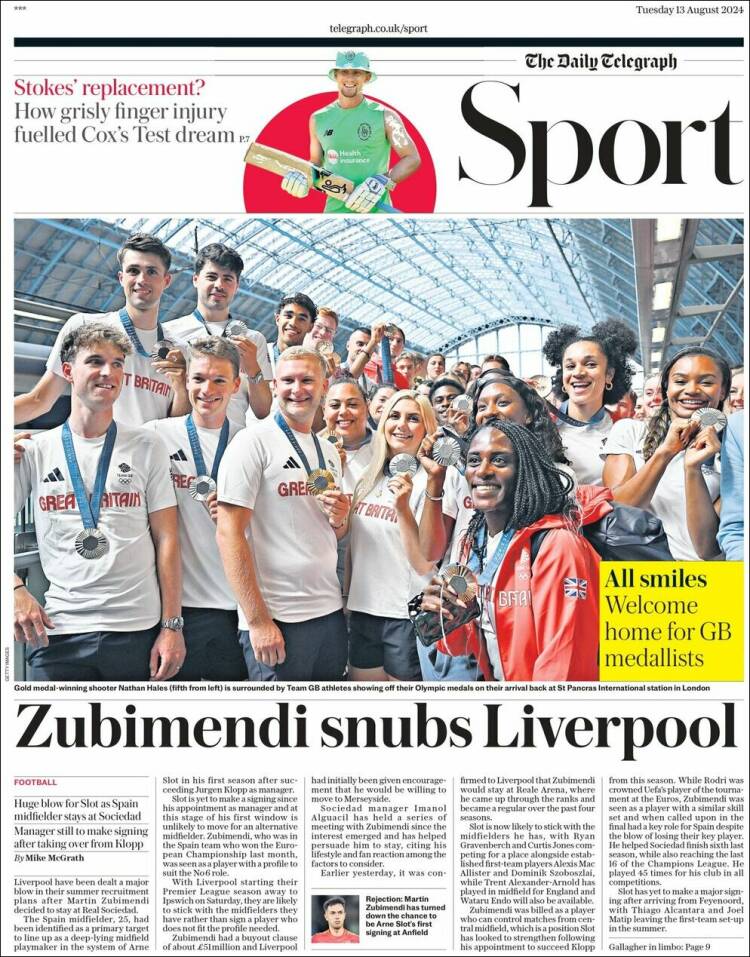 Portada de Telegraph Sport (Reino Unido)