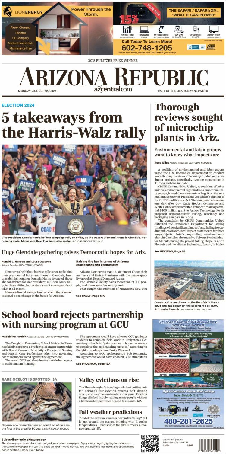 Portada de Arizona Republic News (USA)