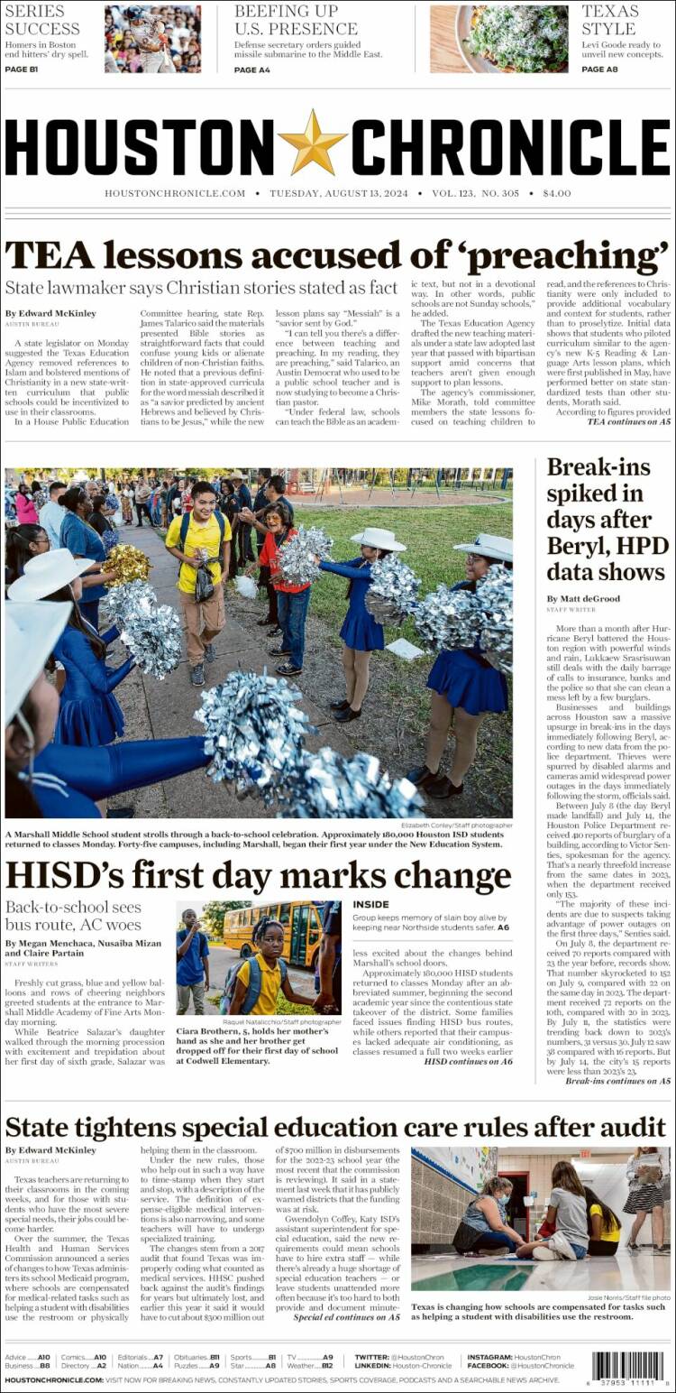 Portada de Houston Chronicle (USA)