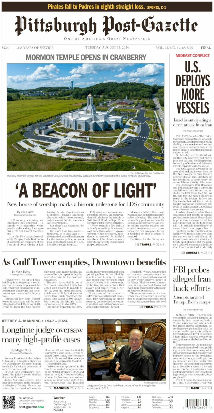Portada de Pittsburgh Post-Gazette (USA)