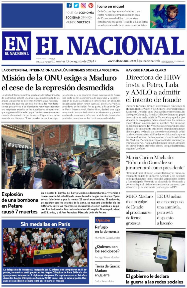 Portada de El Nacional (Venezuela)