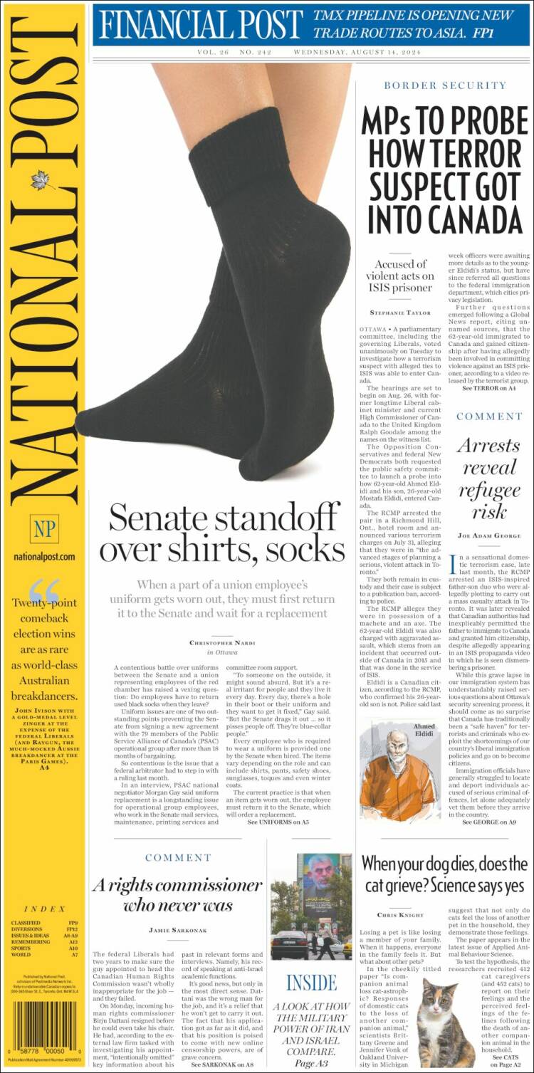 Portada de The National Post (Canadá)