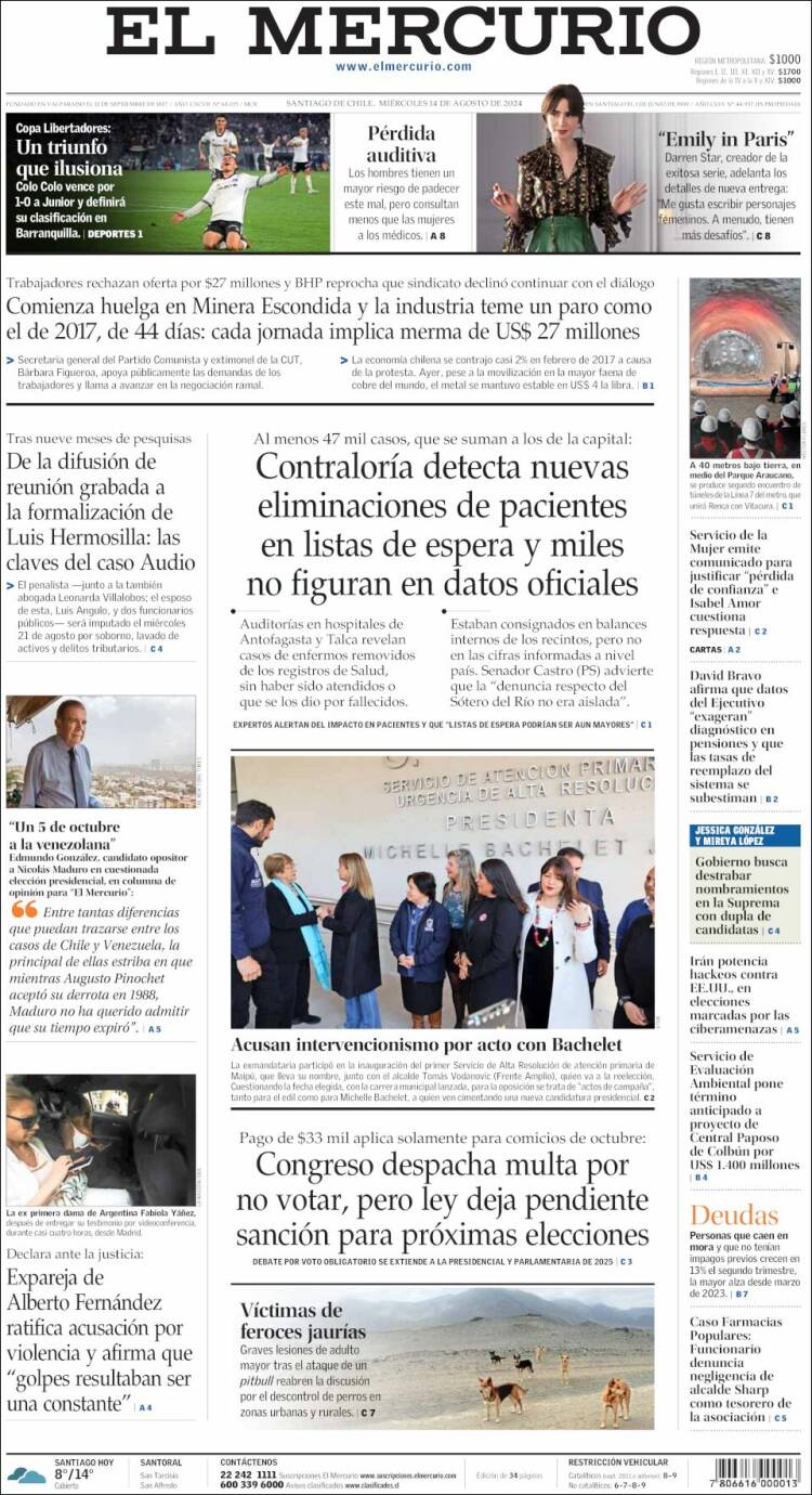 Portada de El Mercurio (Chile)