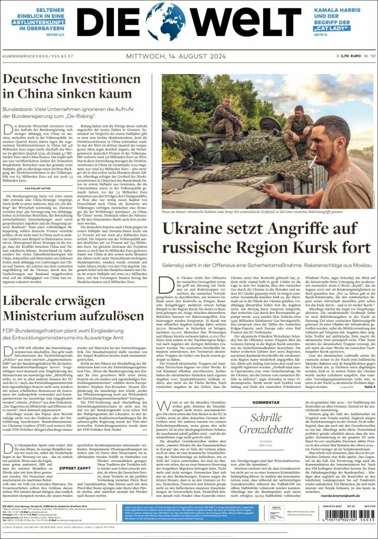 Portada de Die Welt (Alemania)