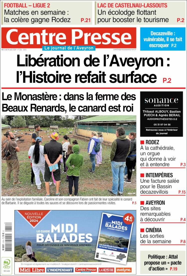 Portada de Centre Presse (Francia)
