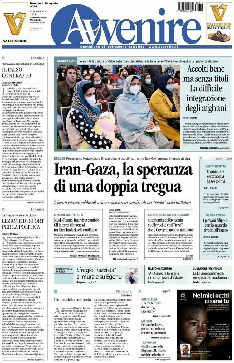 Portada de Avvenire (Italia)