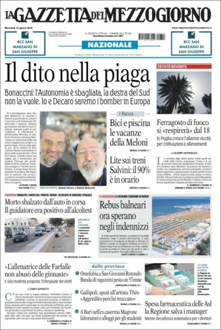Portada de La Gazzetta del Mezzogiorno (Italia)