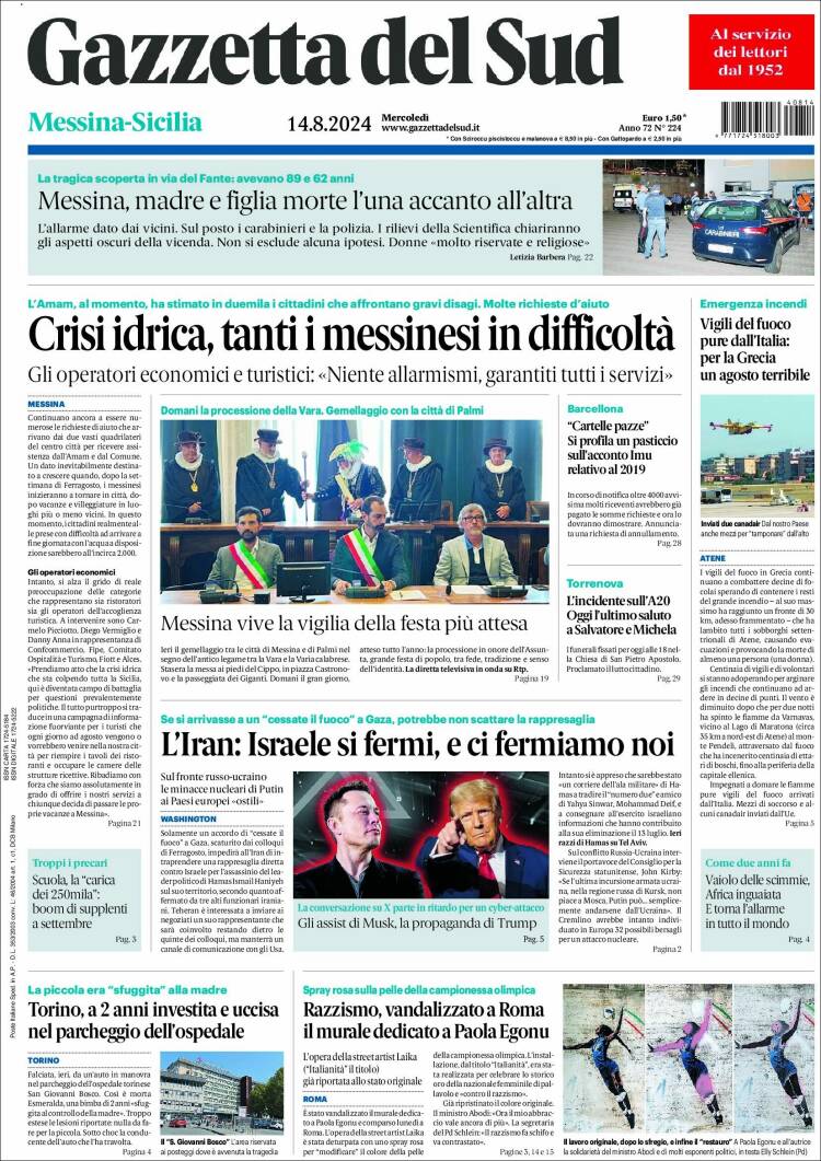 Portada de Gazzetta del Sud (Italia)