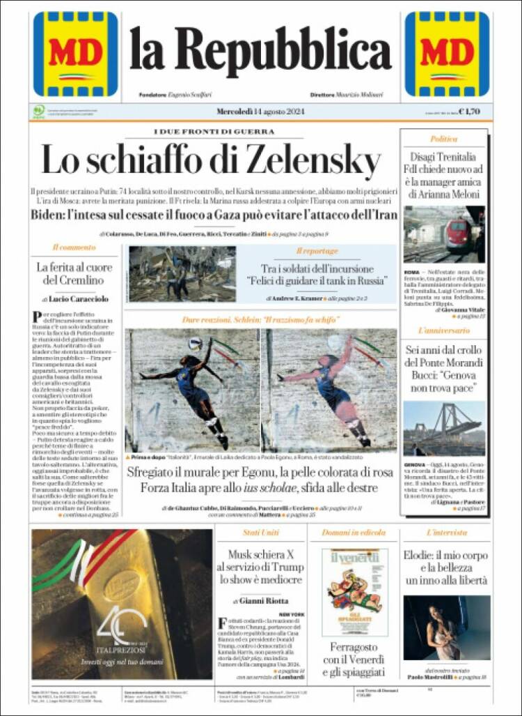 Portada de La Repubblica (Italia)