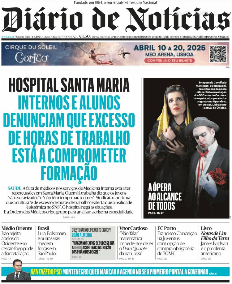 Portada de Diário de Noticias (Portugal)