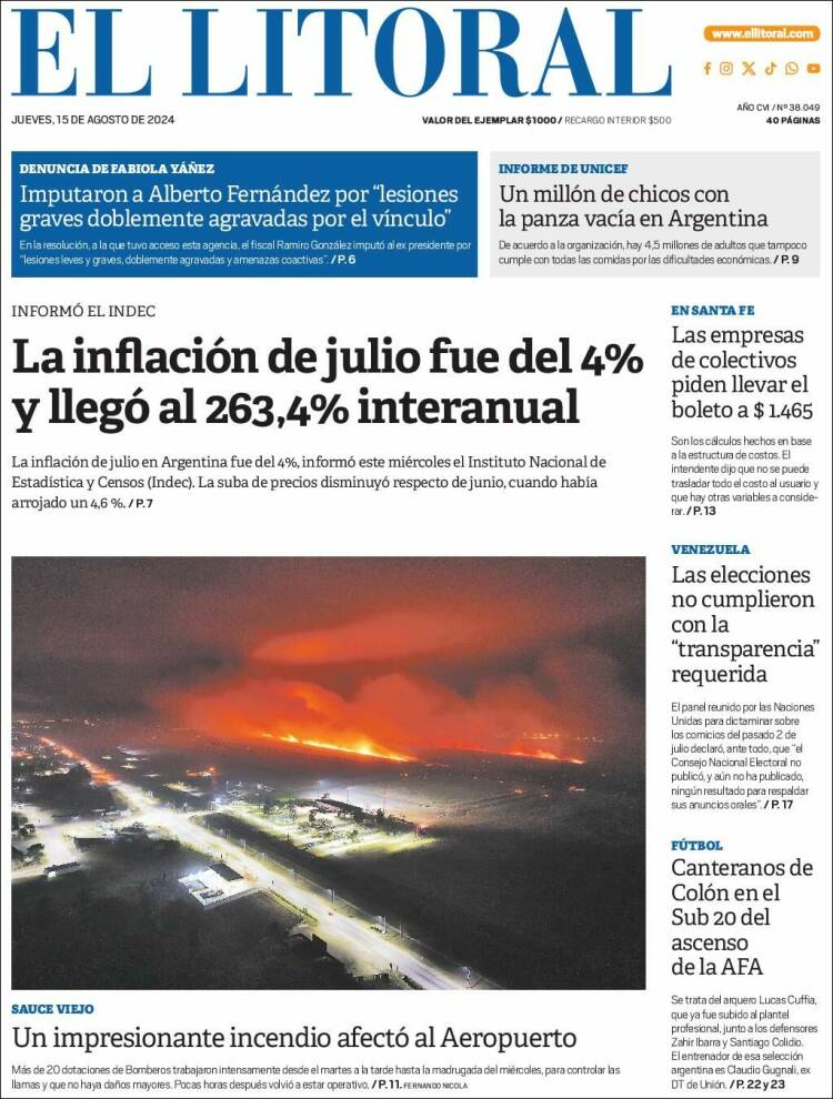 Portada de Diario El Litoral (Argentina)