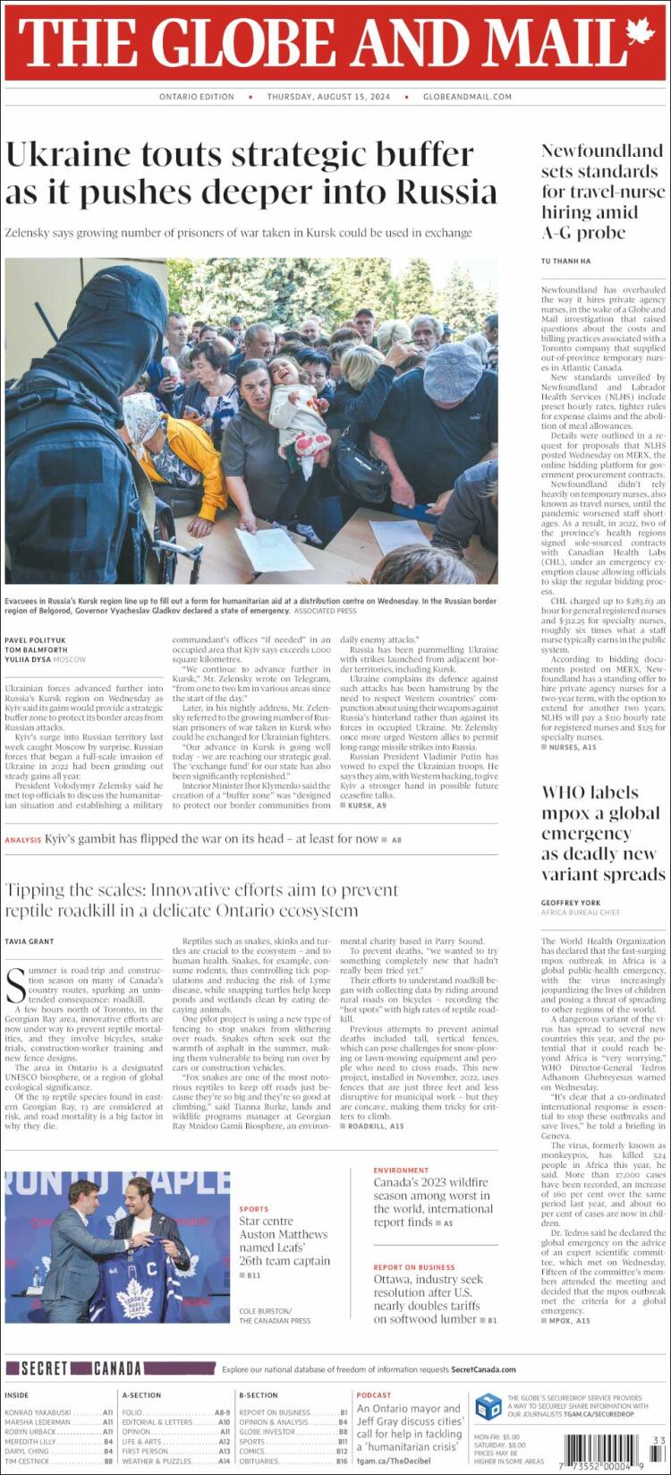 Portada de The Globe and Mail (Canadá)