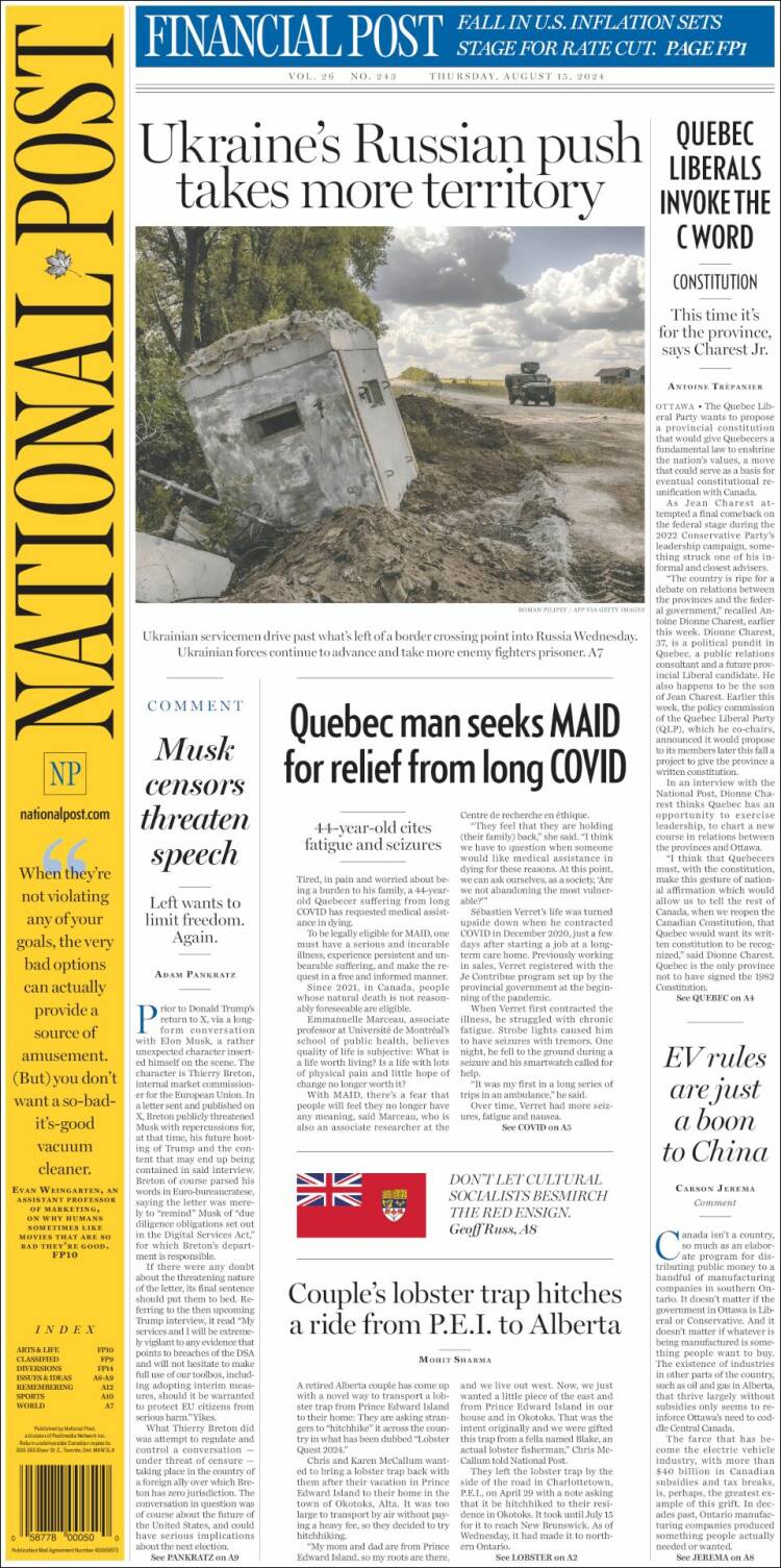 Portada de The National Post (Canadá)