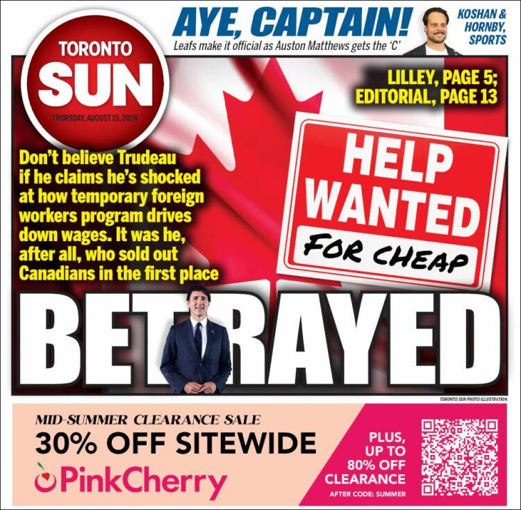 Portada de The Toronto Sun (Canadá)