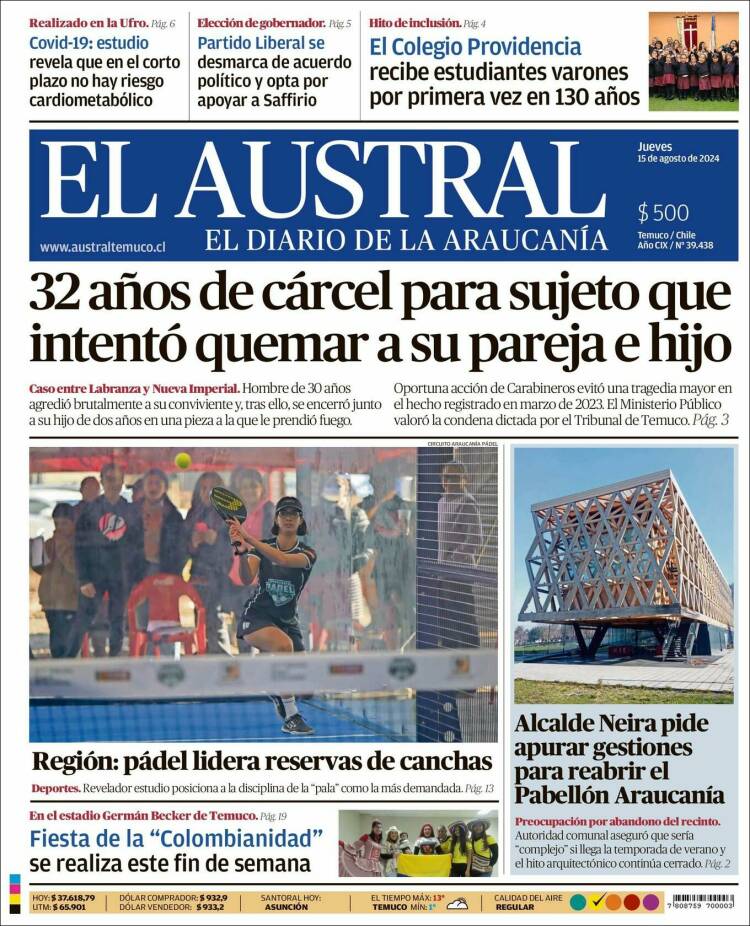 Portada de El Austral de Temuco (Chile)