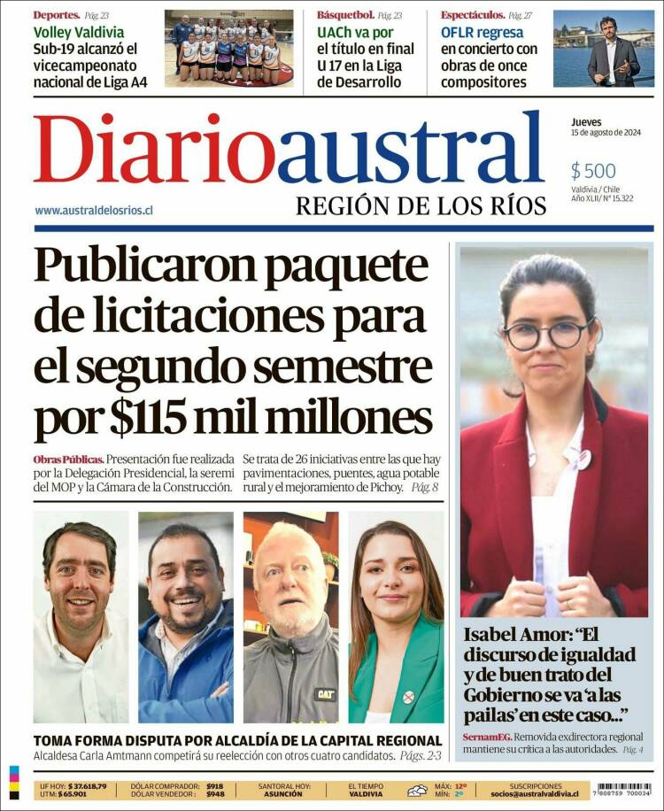 Portada de El Diario Austral de Valdivia (Chile)