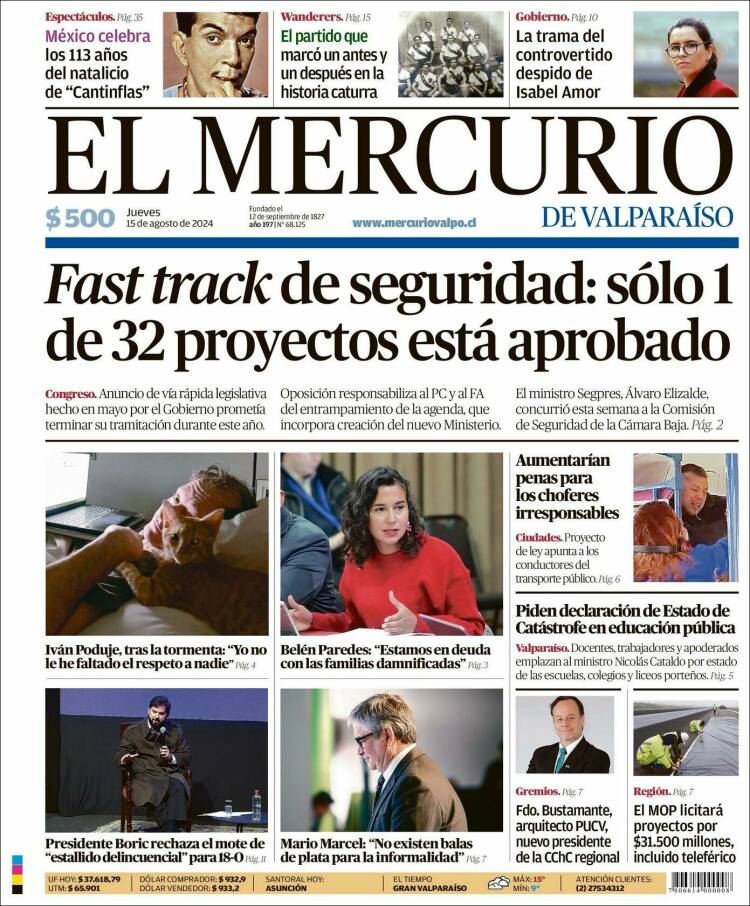 Portada de Mercurio de Valparaiso (Chile)