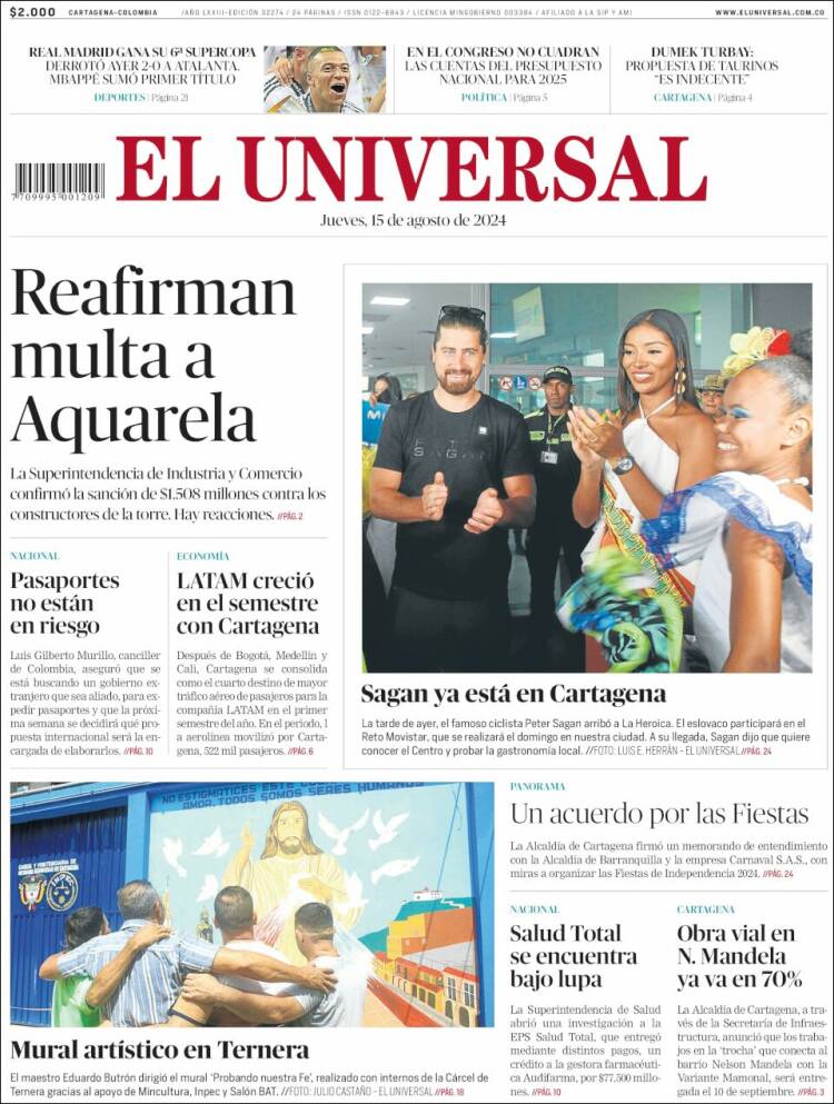 Portada de El Universal (Colombia)