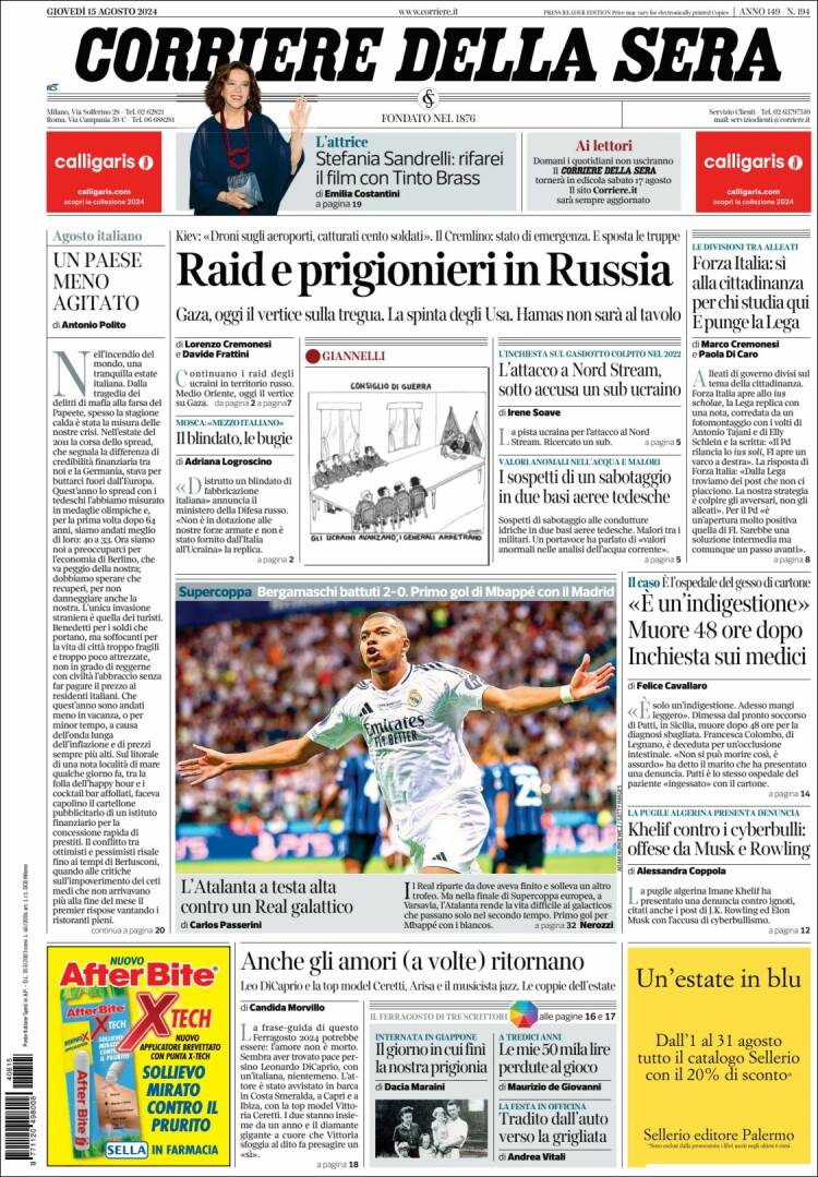 Portada de Corriere della Sera (Italia)