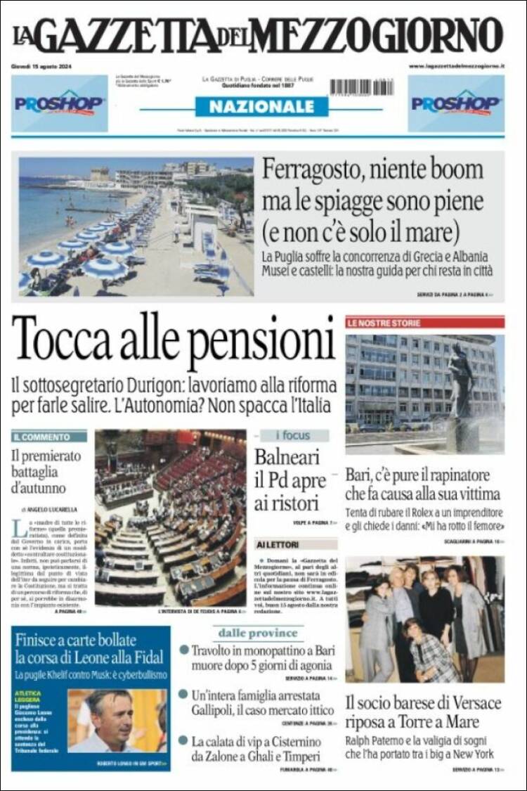 Portada de La Gazzetta del Mezzogiorno (Italia)