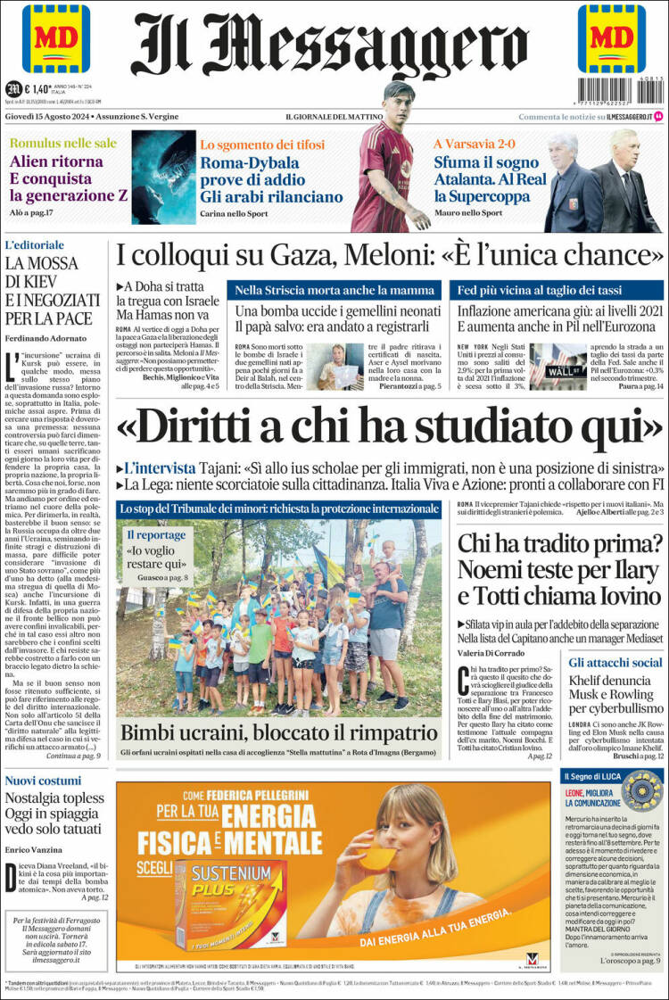 Portada de Il Messaggero (Italia)