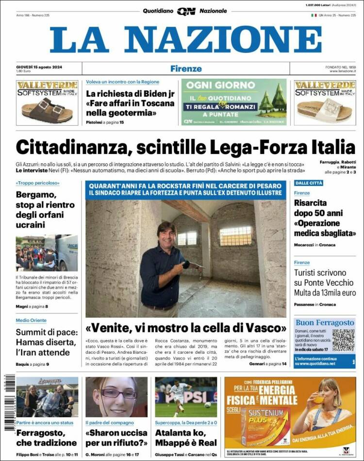 Portada de La Nazione (Italia)