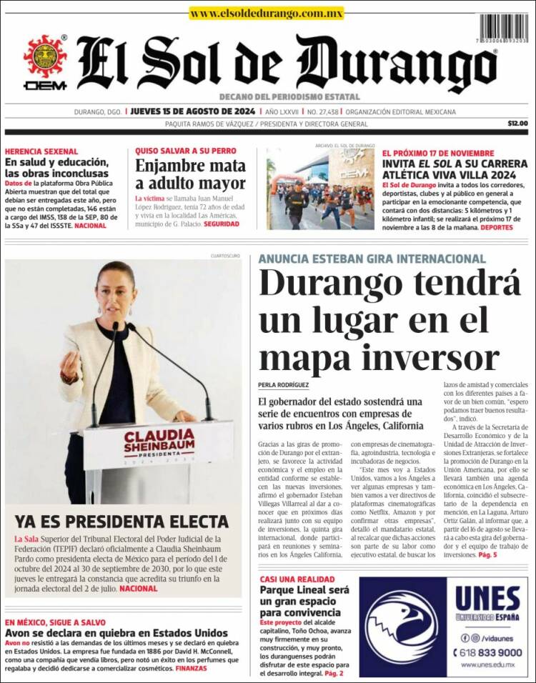 Portada de El Sol de Durango (M&eacute;xico)