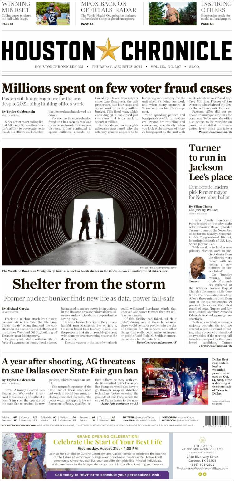 Portada de Houston Chronicle (USA)