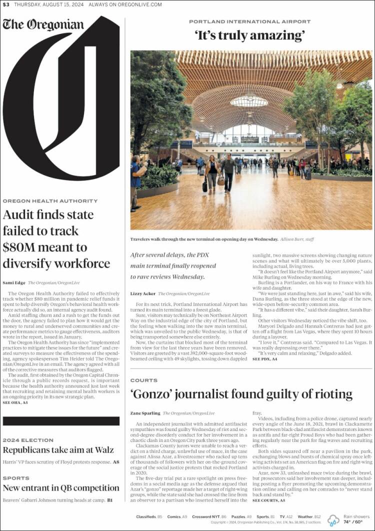 Portada de The Oregonian (USA)