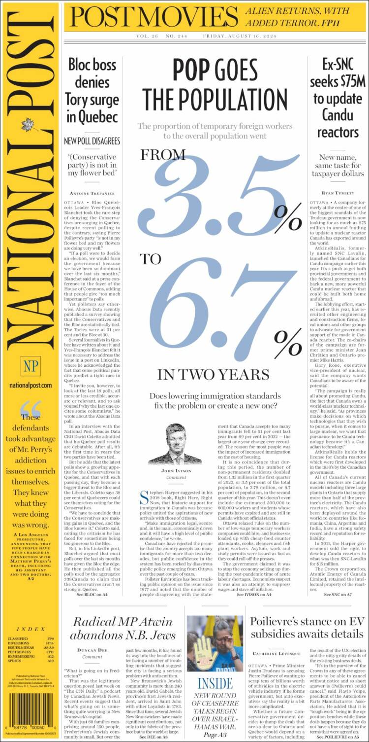 Portada de The National Post (Canadá)