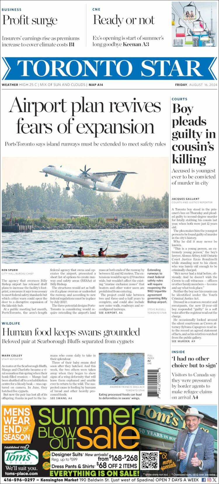 Portada de The Toronto Star (Canadá)