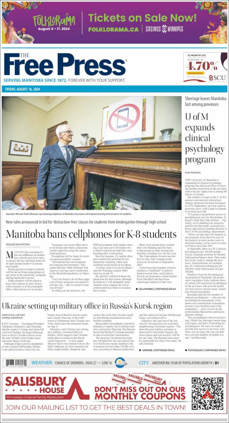 Portada de Winnipeg Free Press (Canadá)