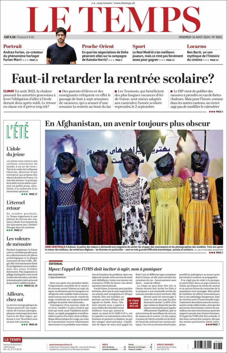 Portada de Le Matin (Suiza)