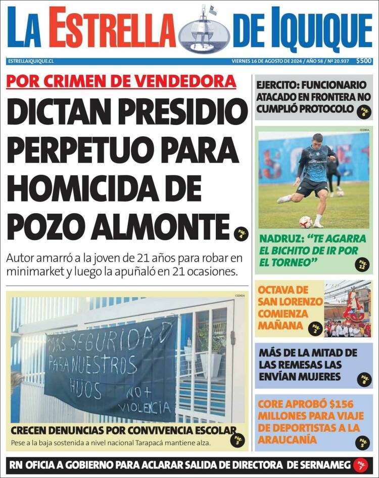 Portada de La Estrella de Iquique (Chile)