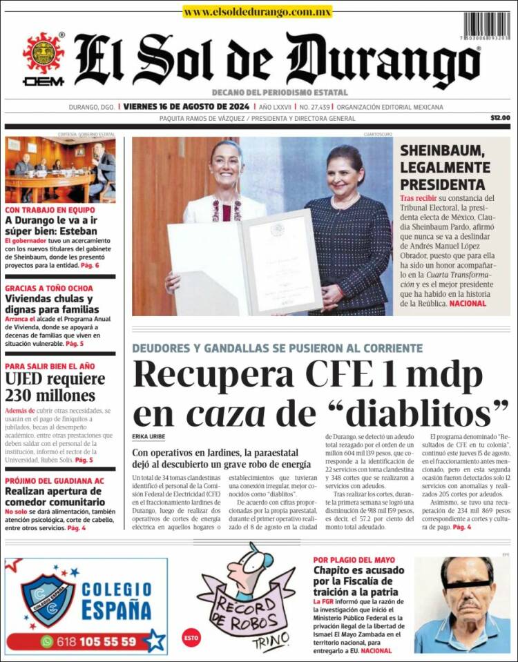 Portada de El Sol de Durango (México)