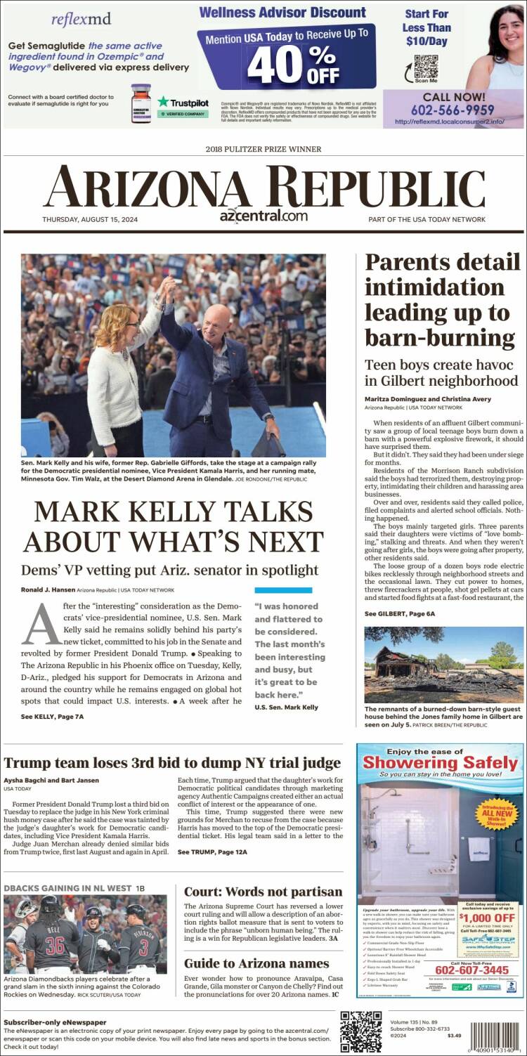 Portada de Arizona Republic News (USA)