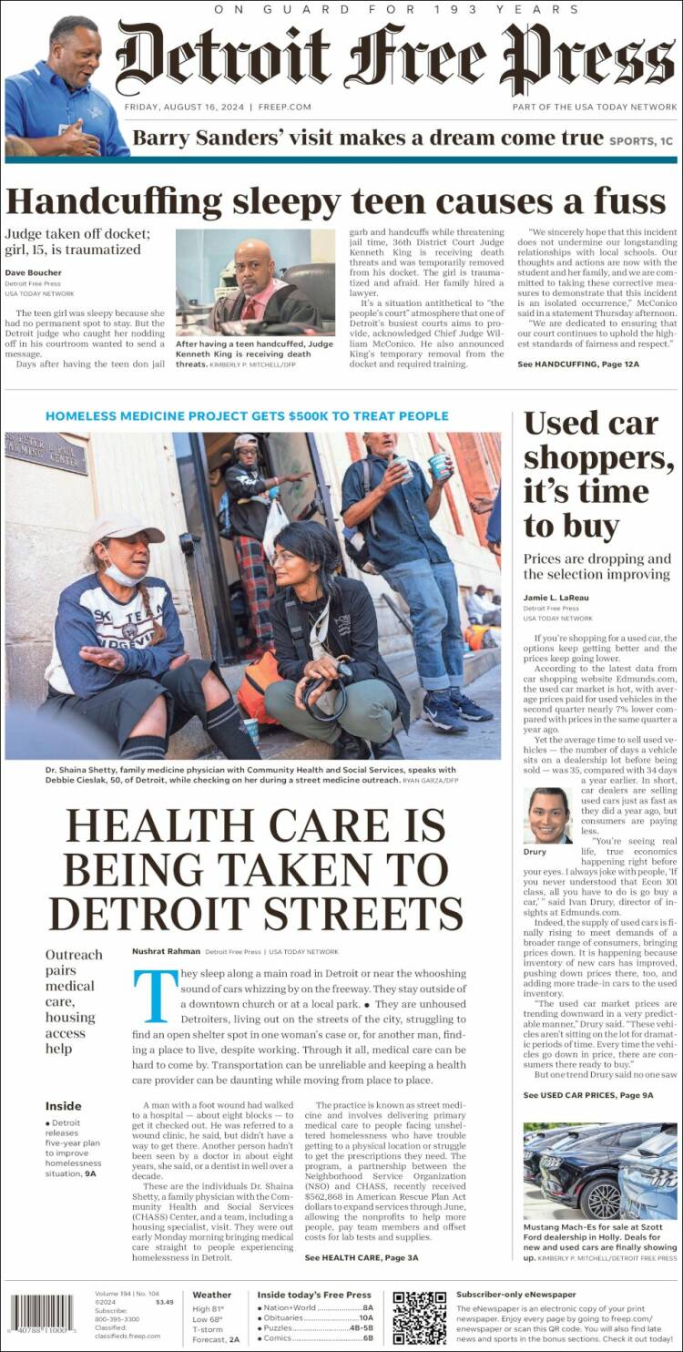 Portada de Detroit Free Press (USA)