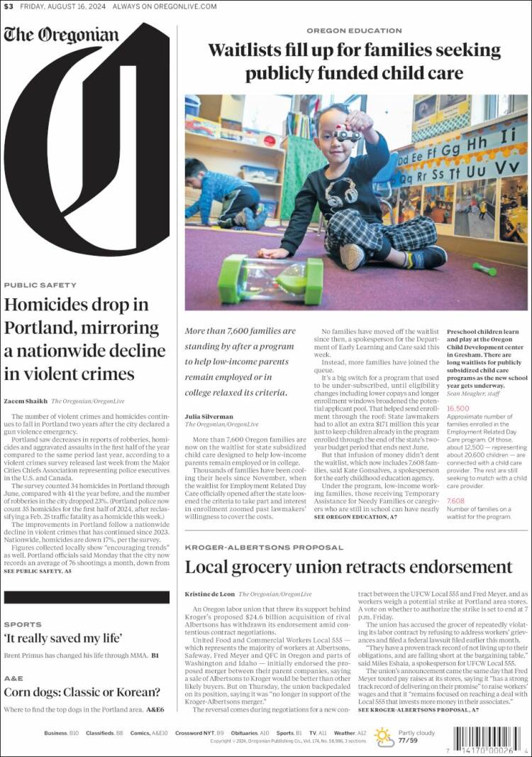 Portada de The Oregonian (USA)