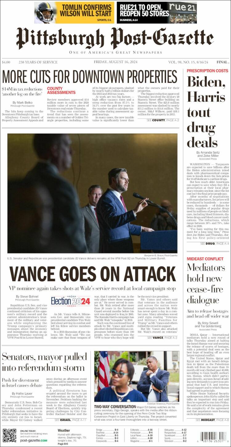 Portada de Pittsburgh Post-Gazette (USA)