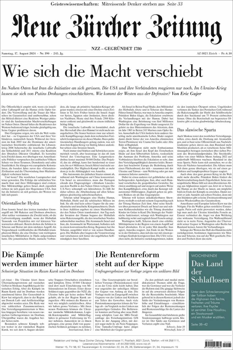 Portada de Neue Zürcher Zeitung (Suiza)