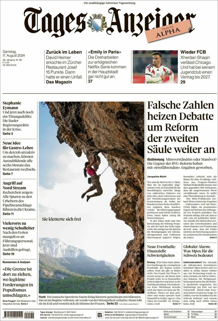 Portada de Tages-Anzeiger (Suiza)