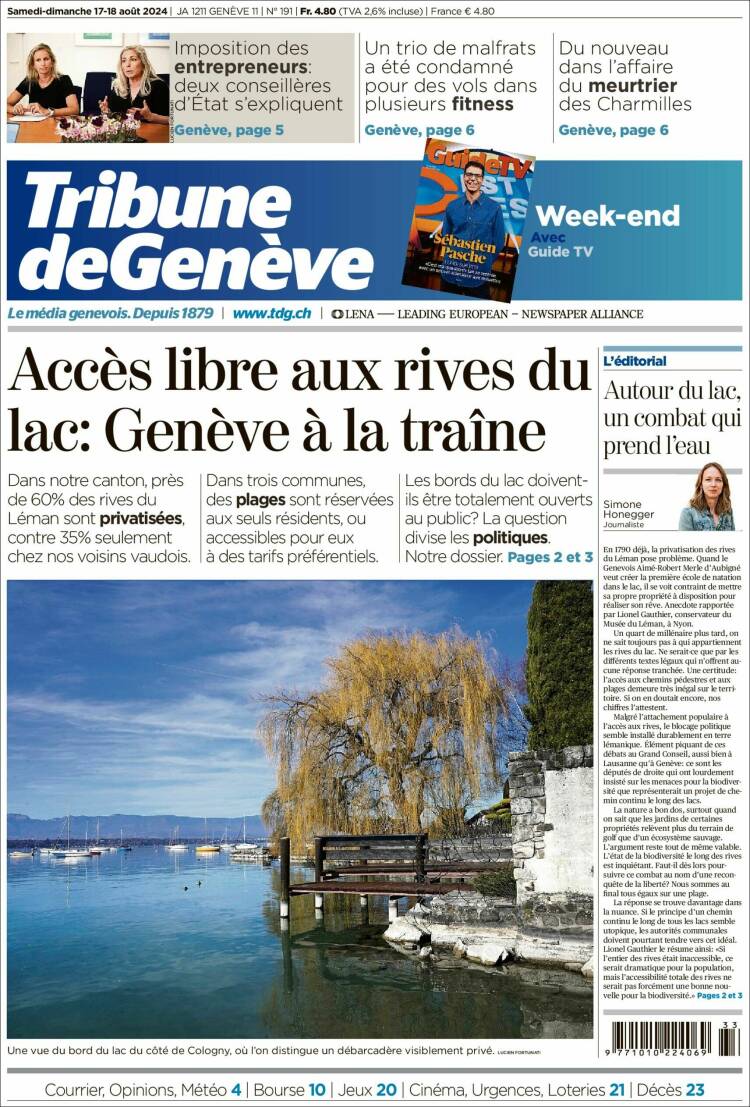 Portada de La Tribune de Genève (Suiza)