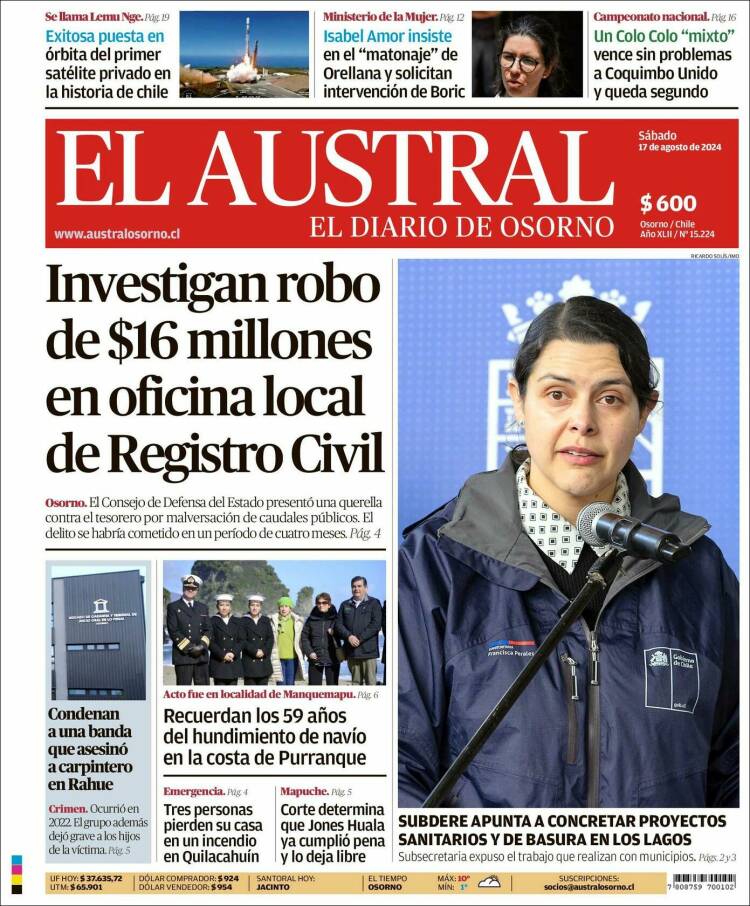 Portada de El Austral de Osorno (Chile)
