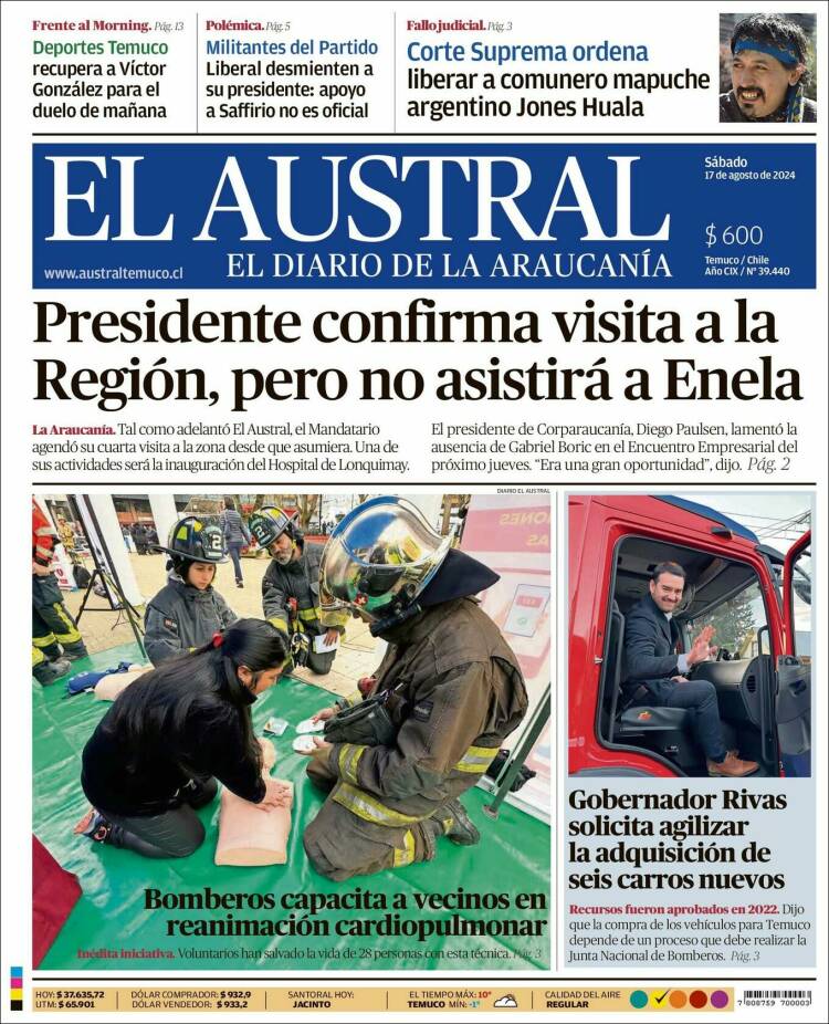 Portada de El Austral de Temuco (Chile)