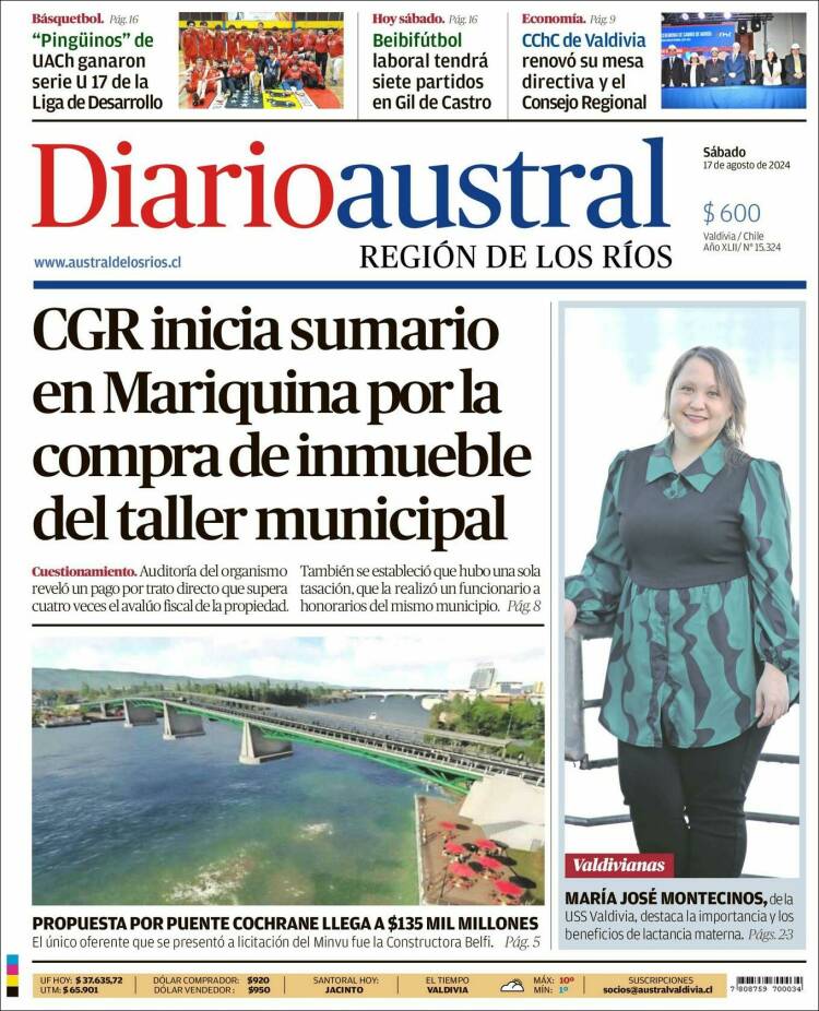 Portada de El Diario Austral de Valdivia (Chile)
