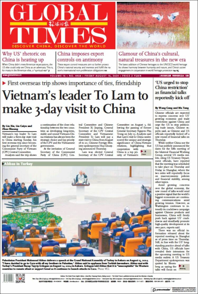 Portada de The Global Times (China)
