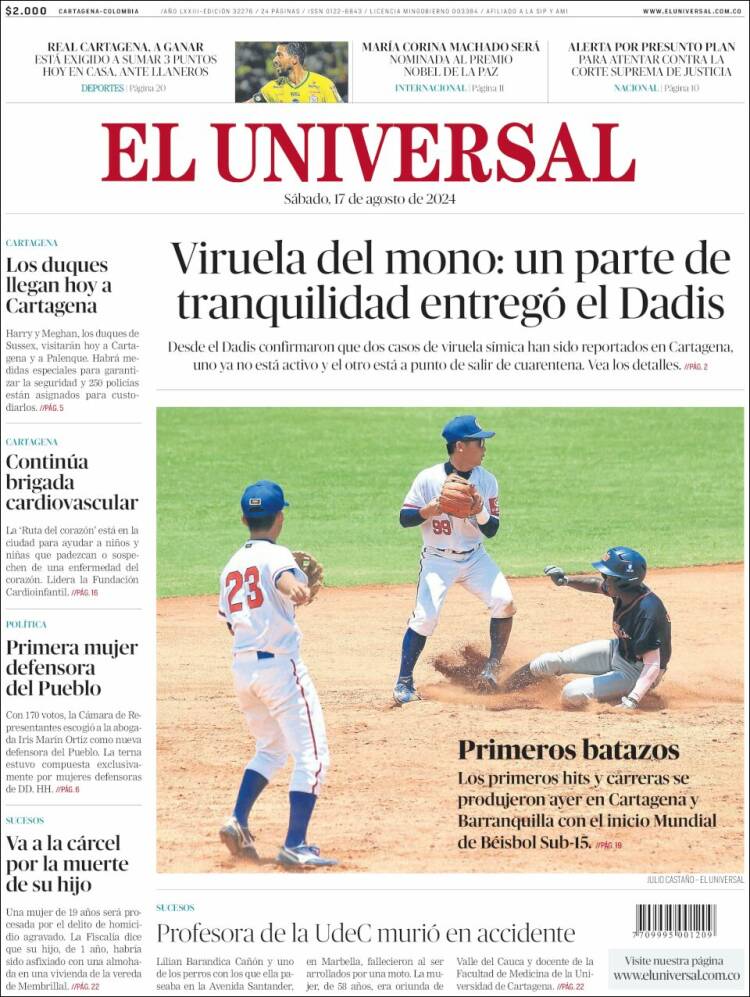 Portada de El Universal (Colombia)