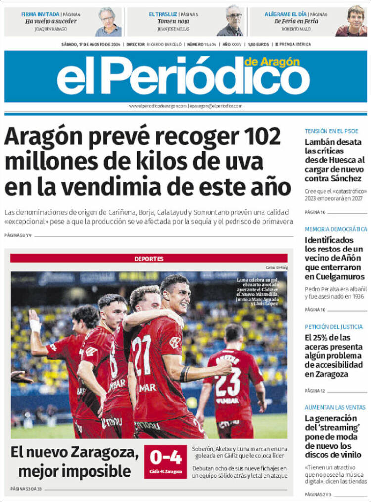 Portada de El Periódico de Aragón (España)