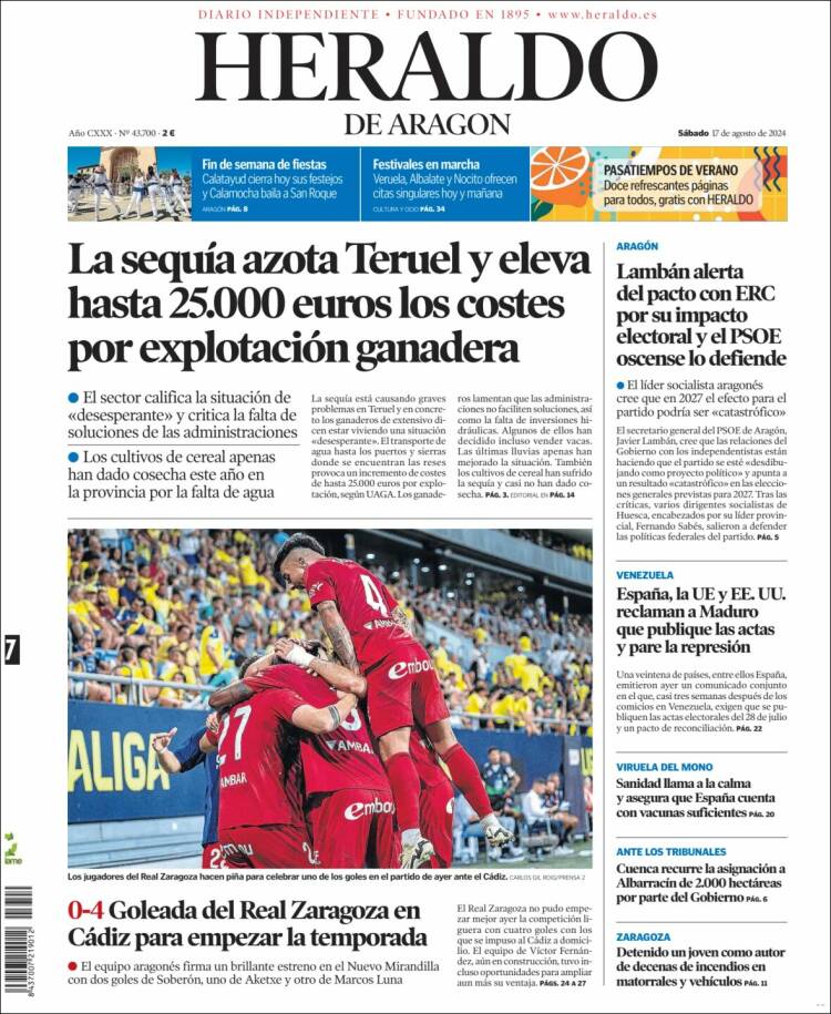 Portada de Heraldo de Aragón (España)