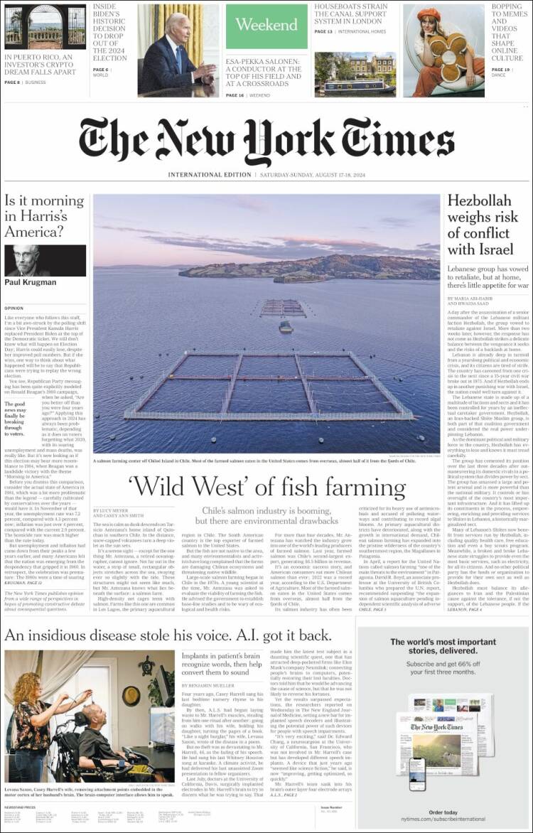 Portada de International New York Times (Europa)
